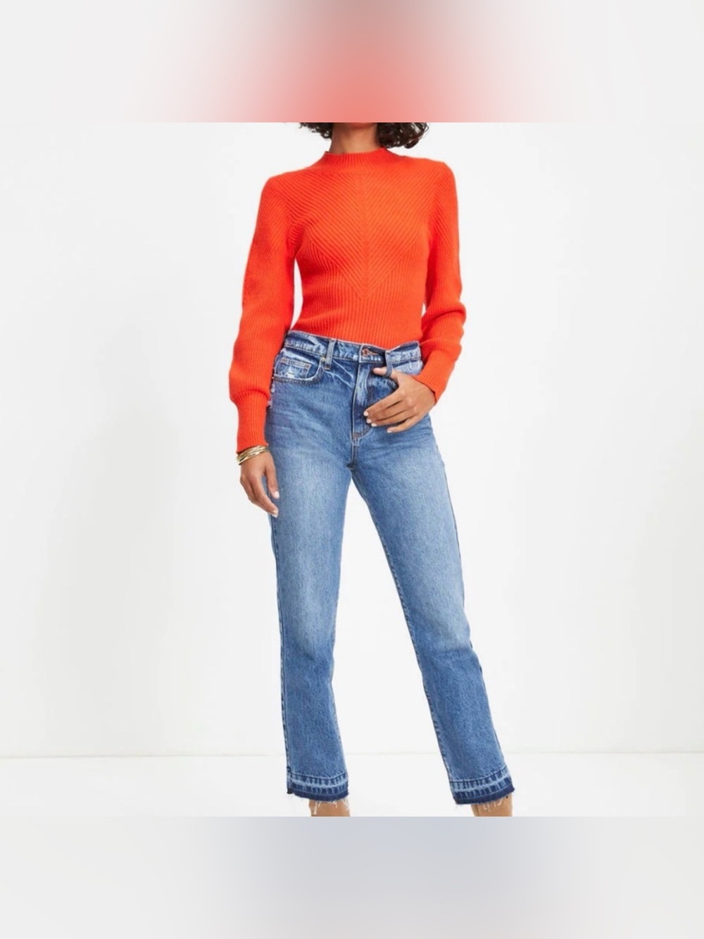 VICI Red Ribbed Knit Sweater Large | Chevron Mock Neck Puff Sleeve Cozy Pullover